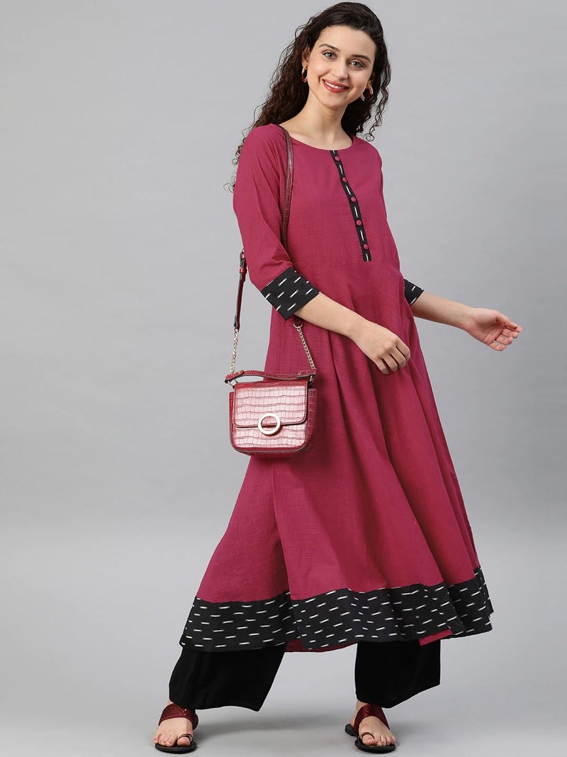 Yash Gallery Women's Cotton Slub & Cambric Cotton Solid Anarkali Kurtis (Pink) - Image 2